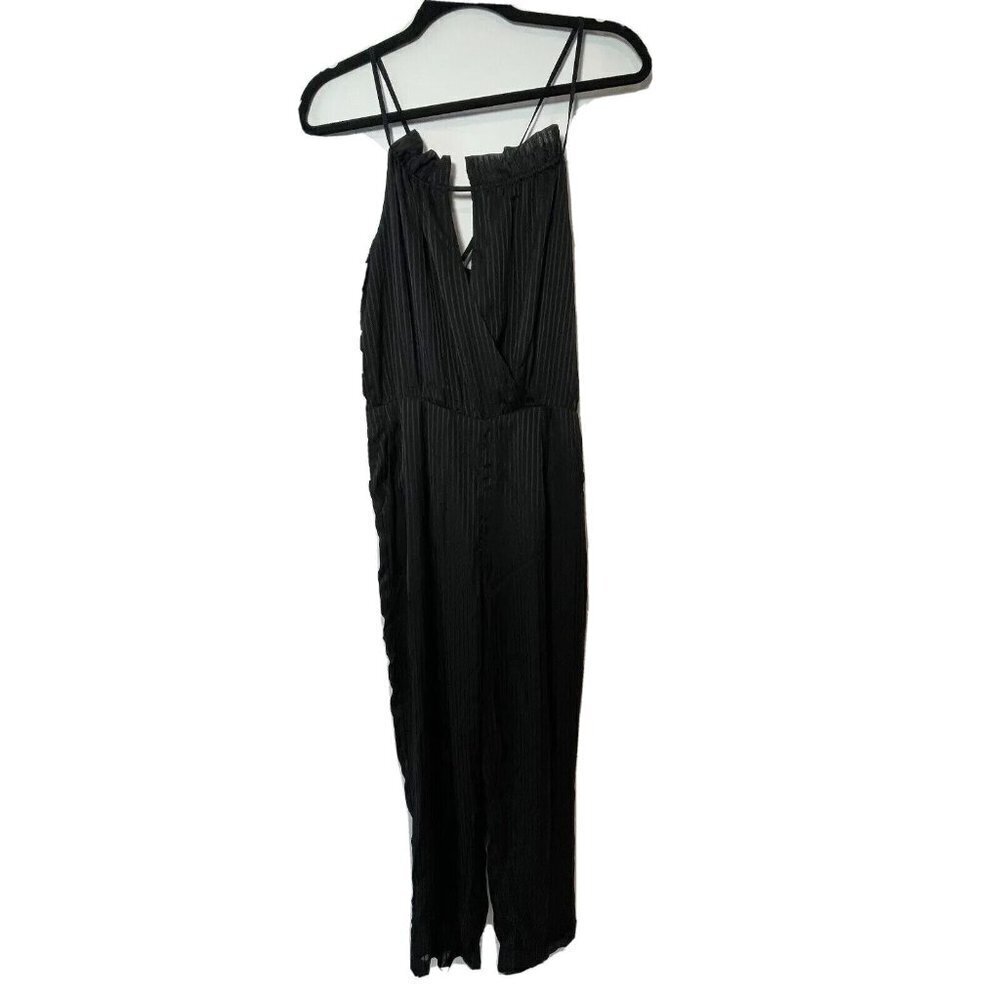 J.O.A Womens Sleeveless Striped Jumpsuit Black M Adjustable Strap Pockets NEW